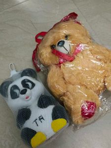 Stuffed teddy and panda piggy bank