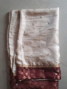 Light Cream Silk Saree With Marron Border