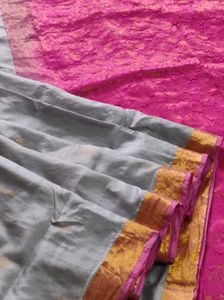 Elegant Pink &amp; Grey Soft Silk Saree