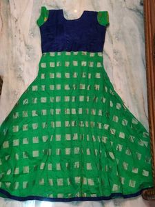 Green &amp; Navy Embroidered Anarkali Dress