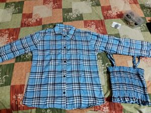 Blue Plaid Shirt & Top Set