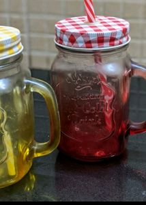 Set of 2 Mason Jar Glass Cups with Straws & Lids