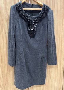 Gray Dress with Beaded Neckline - Size M