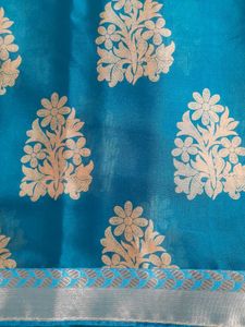Beige and Greenish Blue Silky Saree with Blouse