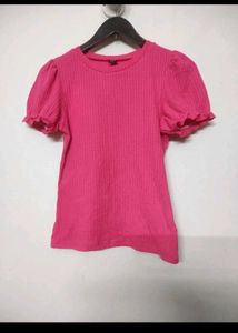 Pink Ribbed Puff Sleeve Top - Shein