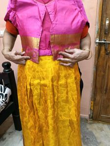 1-TimeUsedGirls Yellow&amp;Pink LehengaCholi-PattuPava