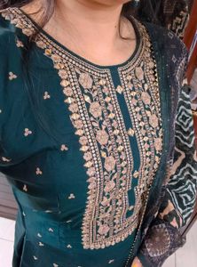 Women Green Partywear Zari Embroidery Suit Set
