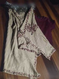 Burgundy Embroidered winter Kurta with ponchoo