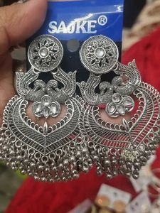 Oxidized Silver Peacock Jhumka Earrings