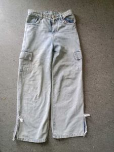 Wide Leg Cargo Jeans With Bow Detailing