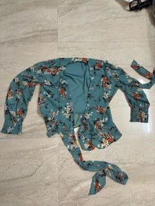Green Floral Print V Neck Wrap Top