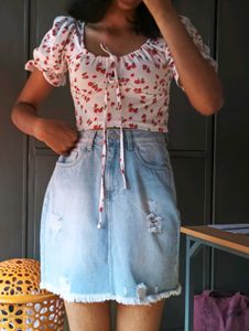 Cherry Crop Top & Denim Skirt