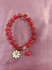 Red Beaded Daisy Charm Bracelet