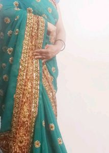 Green Saree with Floral Embroidery &amp; Blouse
