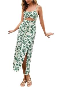 Tropical Print Cutout Midi Dress