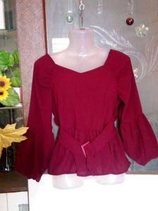 Maroon Bell Sleeve Belted Top