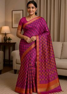 Elegant Pink & Orange Checked Kanjivaram Silk Sare