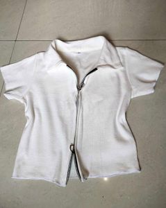 White Knit Zip-Up Polo