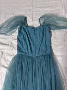SASSAFRAS BLUE TULLE BARDOT MIDI DRESS