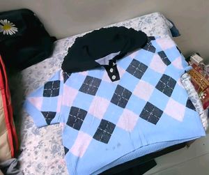 Corset Baby Pink And Purple Argyle Knit Polo Top