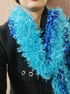 Blue Knitted dupatta or Scarf with Fringe