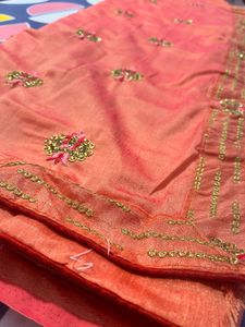 Peach saree with rashan zari work