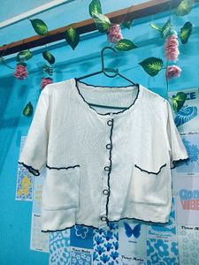 Chic White Cardigan with Black Trim