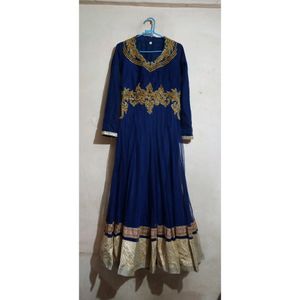 Elegant Navy Blue & Gold Anarkali Dress