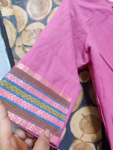 Pink Cotton Suit With Stripes Border