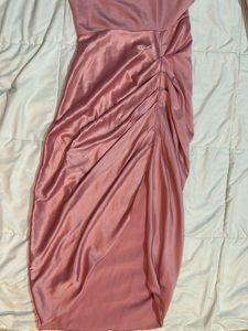 Pink Satin Halter Slit Midi Dress