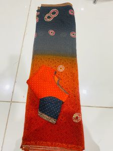Synthetic Saree Orange And Dark Grey Coloured Sare