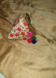Triangular Golden Zari Embroidered Party Bag