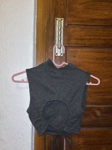 Gray Mock Neck Sleeveless Open Back Crop Top