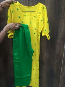 Yellow And Green Color Kurta Set Without Dupatta