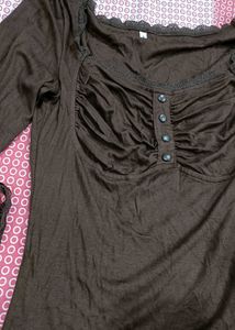 Brown Lace Trimmed Long Sleeve Top