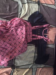Pink Patterned Dress & Navy Top Set