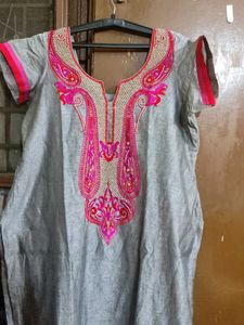 Grey Kurti with Pink And Red Embroidery