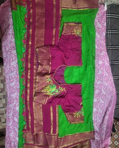 Green &amp; Pink Saree Mysore crepe