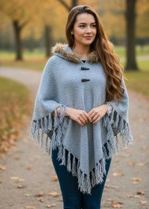 Last Price Gray Knitted Poncho with Fringes