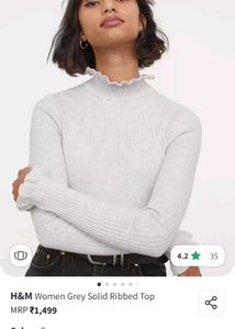 H&M Women Grey Solid Ribbed Top