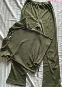 Girls Olive Green Solid Ribbed Cotton Coord Set