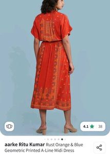 Rust Orange &amp; Blue Geometric Printed A Line Dress
