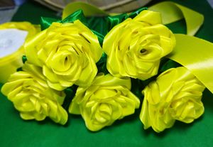 Ribbon Yellow Rose Flower, Pack Of 5
