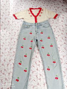 Cherry Embroidered Denim Jeans 🍒