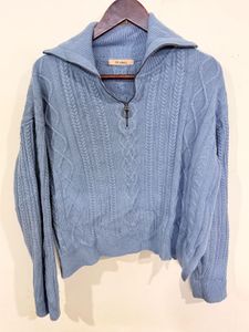 Blue Quarter Zip Knit Oversized Sweater