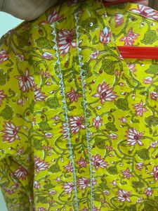 Bright Yellow Floral Block Print Kurta with Lace D