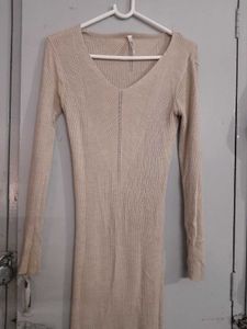 Beige Ribbed Bodycon Midi Dress