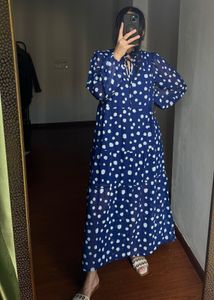 Tie Neck Tiered Blue polka DOT Midi dress