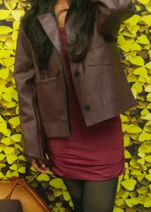 Burgundy Faux Leather Cropped Jacket