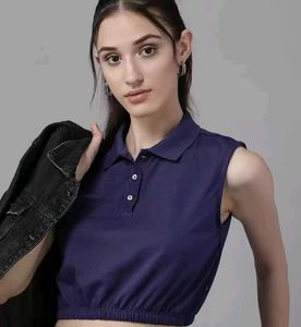 Navy Cropped Polo Collar Top